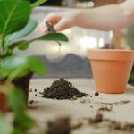 Blumenerde und Pflanzen neben einem Tontopf